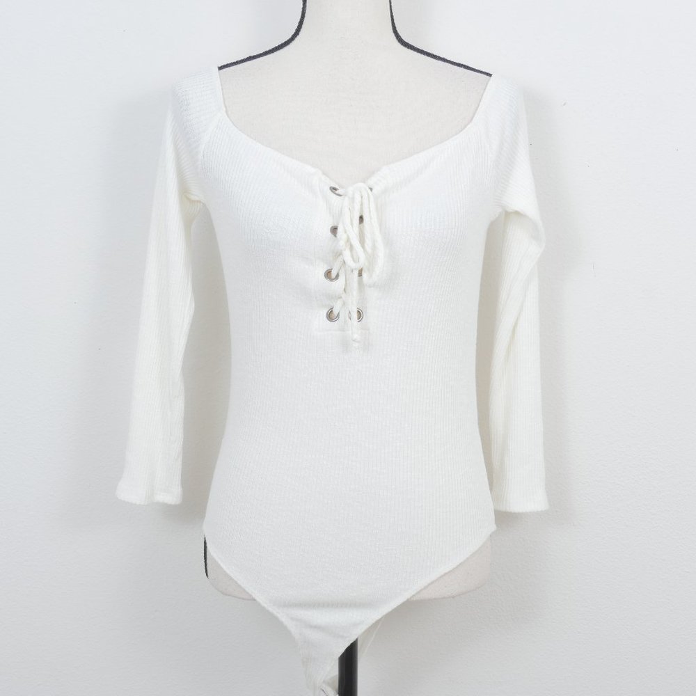 Fashion Nova Ivory Long Sleeve Thong Back Lace Up Tie Bust S 1X Thong Bodysuit